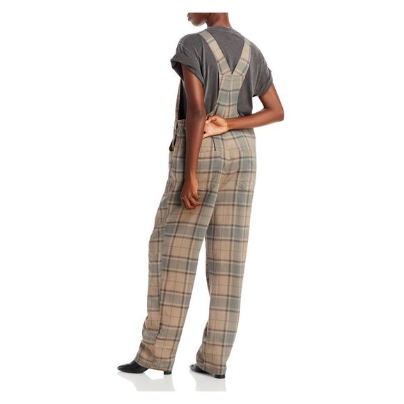 WEWOREWHAT Womens Brown Bib Overall Side Button Plaid Straight leg Jumpsuit M - Picture 2 of 3